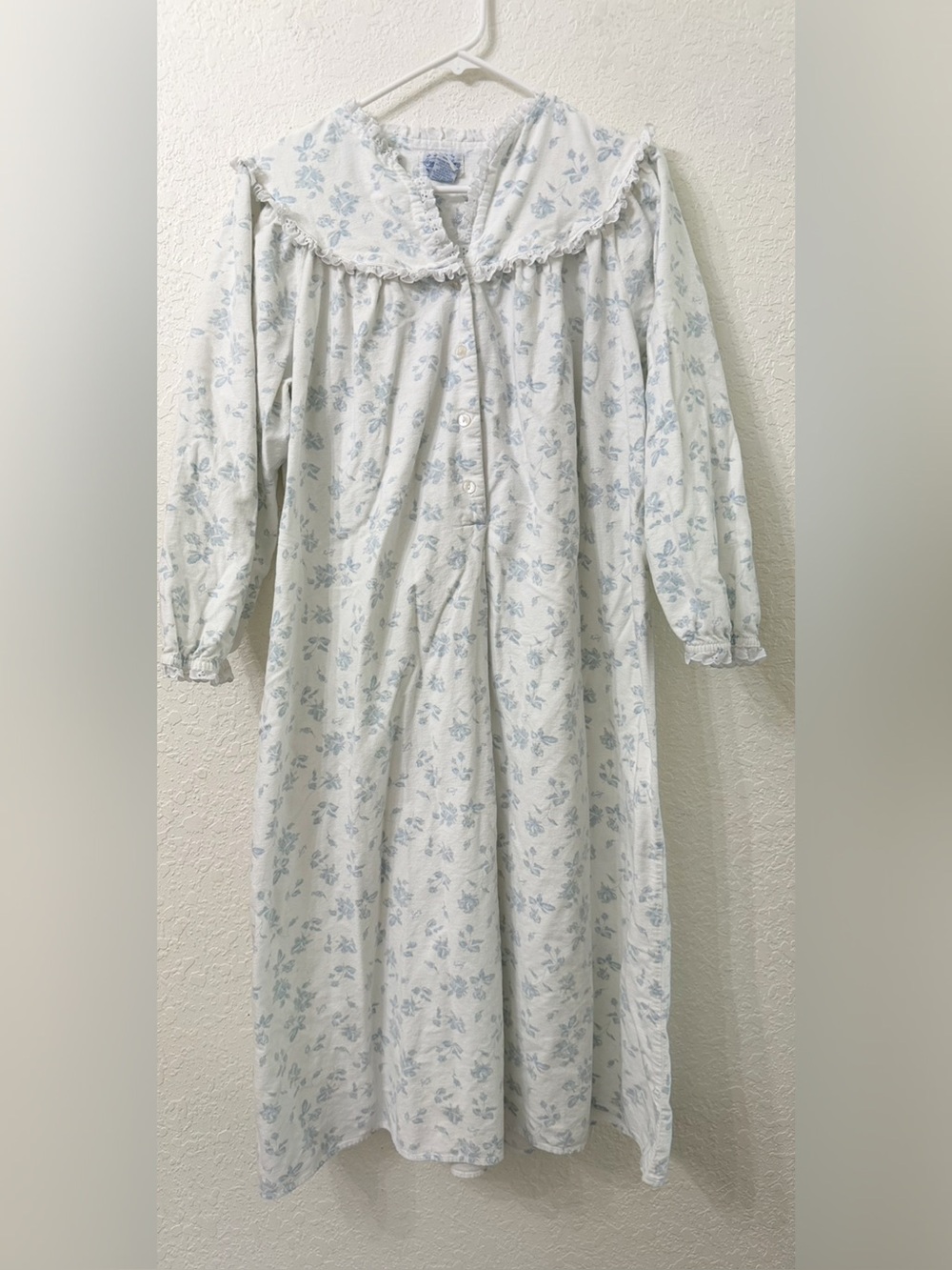 Lanz of Salzburg Night Gown House Dress Blue Floral Long with Ruffled Collar - S
